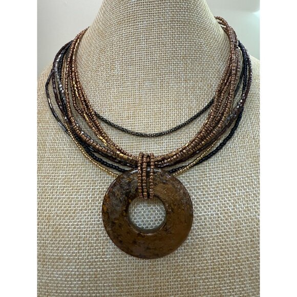 Cookie Lee Multi-Strand Brown Glass Bead Necklace W/ Acrylic Circle Pendant Boho - Picture 2 of 11